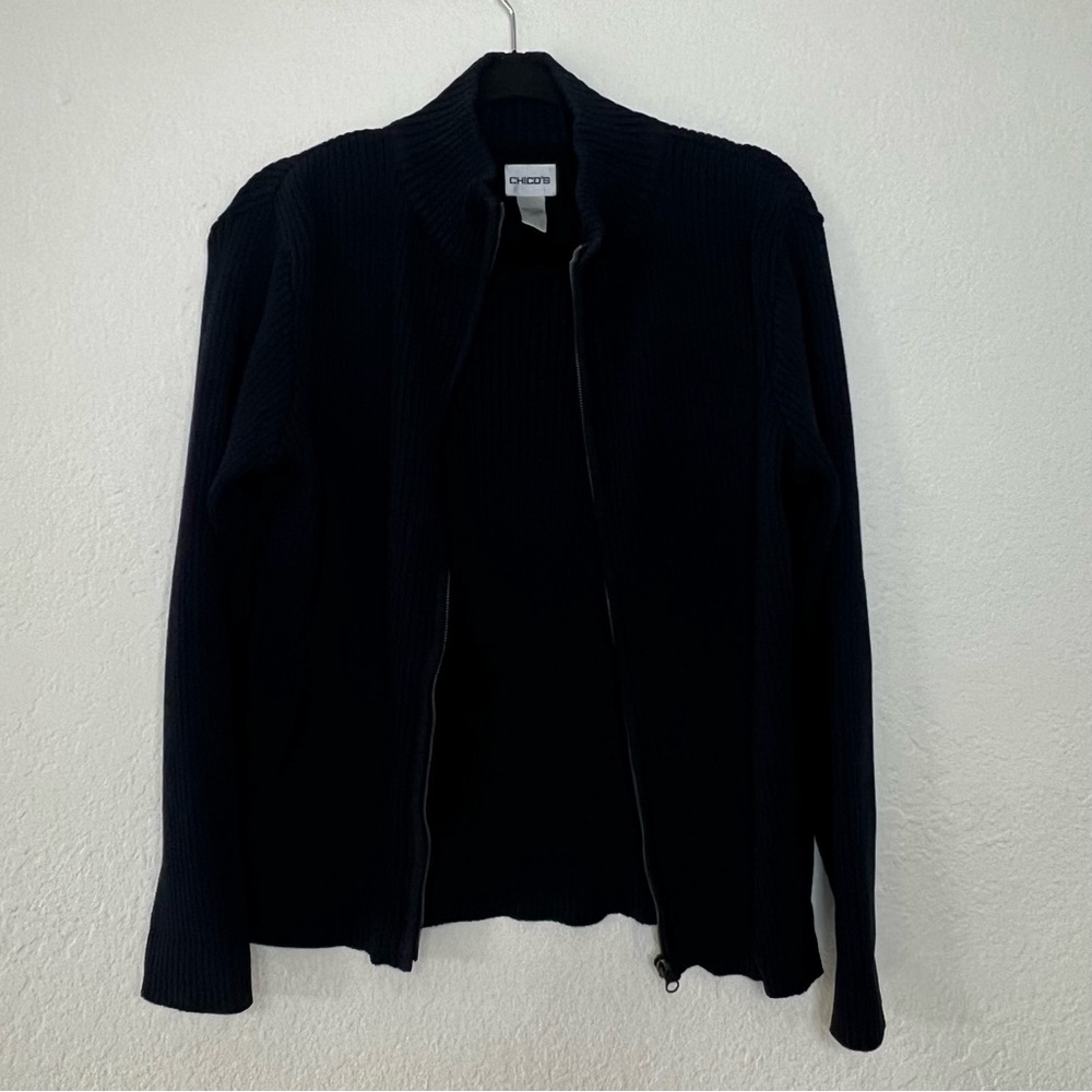 Chico's Navy Blue Full Zip Cotton Ribbed Cable Knit Sweater Womens Size‎ Large 2 - Picture 5 of 9